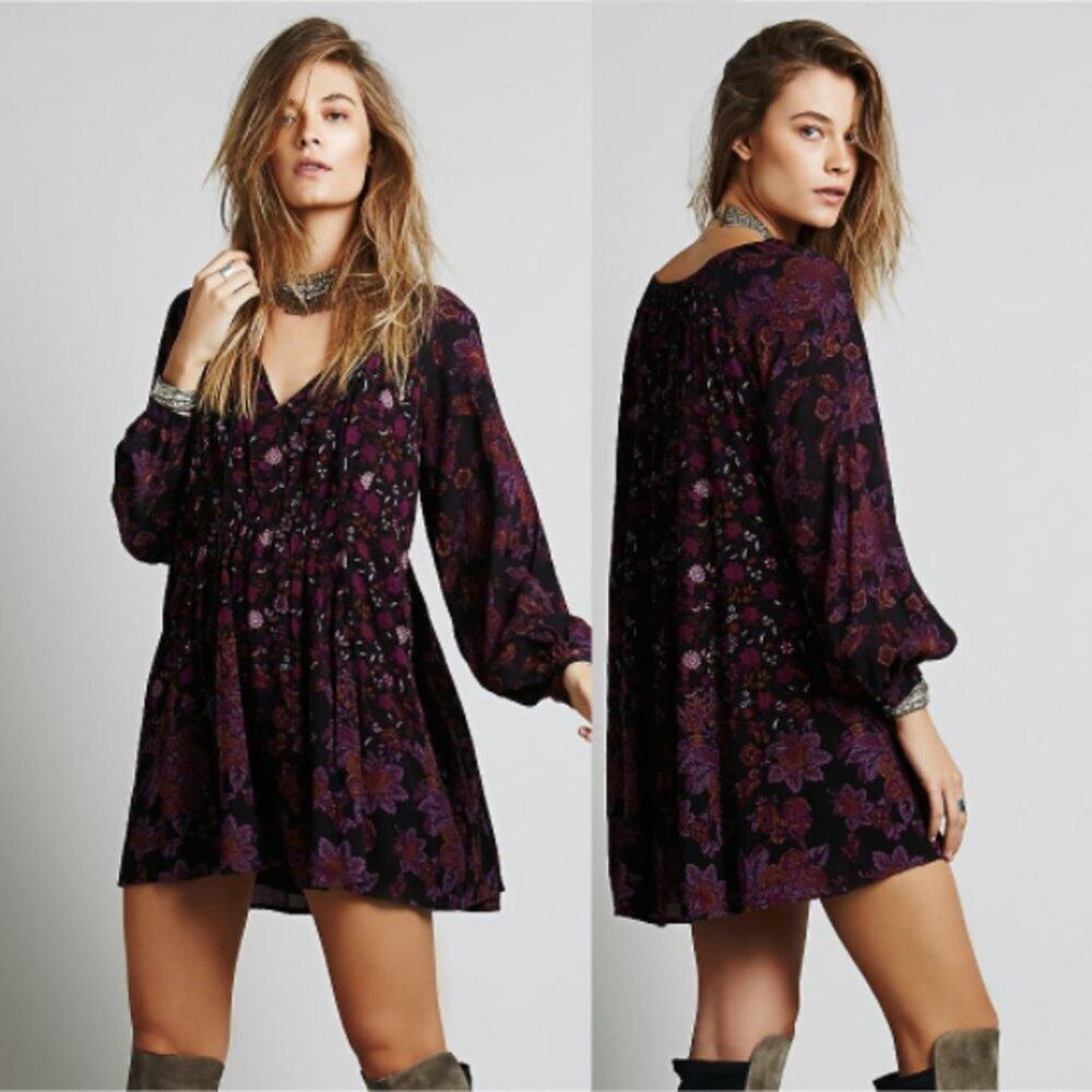 Free People Lucky Loosey Boho Floral Dress in Twilight Combo